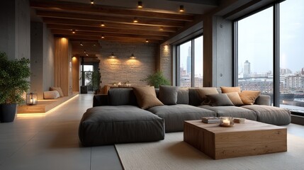 Warm Loft Interior with Wooden Details and City View Gray Sofa and Concrete Columns