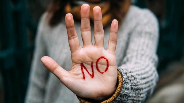 Raised hand with bold NO in red paint, a powerful boundary and consent message designed for modern awareness, safety, and anti‑abuse social campaigns.