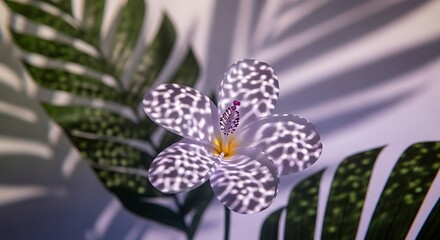 A beautiful close-up of an exotic spotted flower with a dramatic shadow of a leaf creating a mesmerizing pattern of light and dark