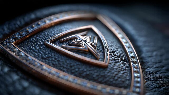 Ornate Copper and Silver Shield Emblem on Textured Black Leather Background, Close-Up Detail, Luxury Design Element