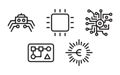 A straightforward collection of vector line icons related to abstract electronics. This set includes icons such as a Spider Bot, a Chip, a Circuit, an Abstract Electronic Module, and additional design