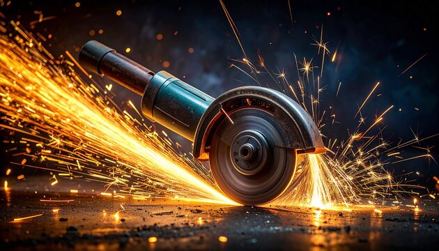 A close-up view of a power tool cutting, generating bright sparks.