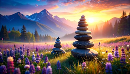 Peaceful scene of balanced stones at sunrise in the mountains, symbolizing mindfulness, inner peace, harmony, and natural beauty.