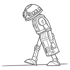 A stylized black and white line drawing of a small humanoid droid with a round head and segmented body walking forward with its head tilted down