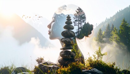 Peaceful scene of balanced stones at sunrise in the mountains, symbolizing mindfulness, inner peace, harmony, and natural beauty.