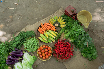 A vibrant and colorful assortment of fresh vegetables beautifully displayed on a cloth in a natural setting