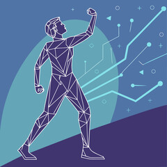 Geometric human figure with raised fist symbolizing achievement and progress connected to digital network lines and abstract shapes representing technology and data flow on a gradient background