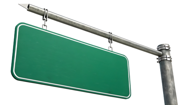Green road sign isolated on transparent background