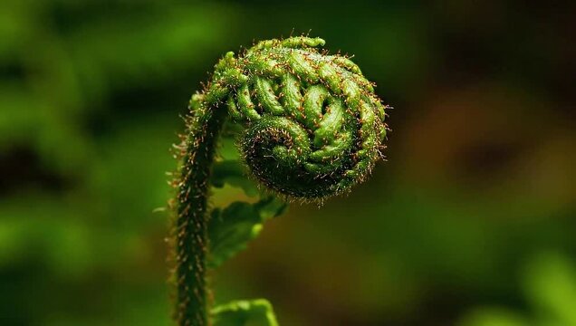 Close-up of a vibrant green fiddlehead fern unfurling, showcasing nature's intricate spiral pattern and texture, symbolizing growth and renewal.