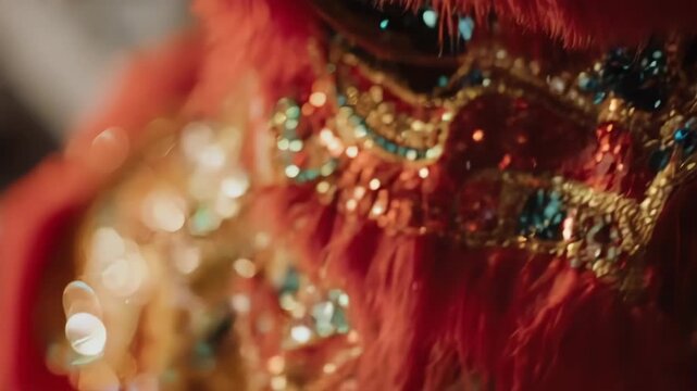 Chinese Lion Dance Costume Texture - Macro Loop. This abstract and festive background captures the energy and detail of the traditional celebration.