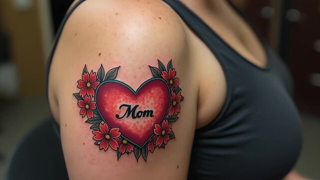 Heart-shaped tattoo with the word Mom surrounded by red flowers on woman's shoulder
