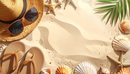 Beach scene with summer accessories arranged on sand, evoking a vacation vibe.