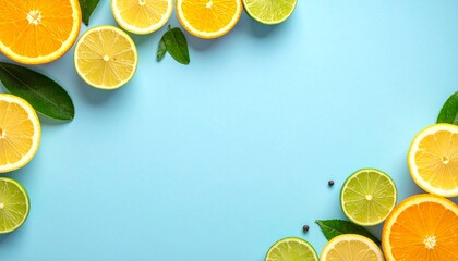 Citrus fruit slices (orange, lemon, lime) and green leaves arranged on a light blue background, creating a fresh and vibrant composition.