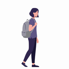 Flat Style Young Adult Female Walking with Backpack Illustration