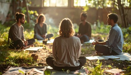 Diverse group of people meditating outdoors in a peaceful garden setting during a sunny day, practicing mindfulness and relaxation.