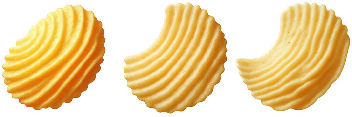 Three wavy potato chips arranged on a black background in a studio setting png on transparent background