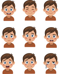 Collection of cartoon boy facial expressions showing different emotions including happy, sad, angry, surprised, scared, crying, laughing, educational emotion learning vector illustration