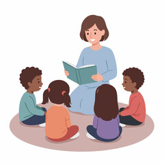 Flat Illustration Children Learning with Teacher Reading Book in Classroom