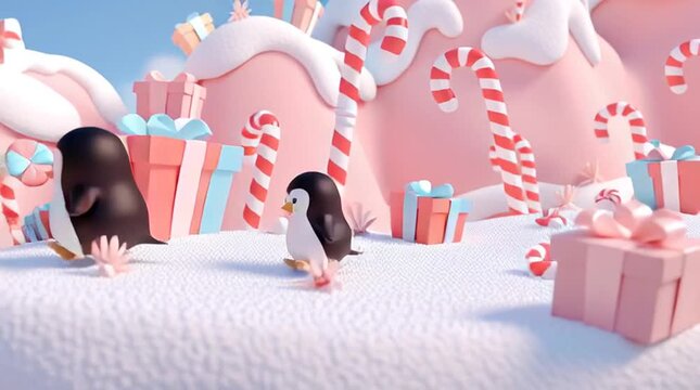 Cute penguins walking on snowy candy hill with gifts and candy canes
