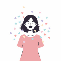 Flat Style Smiling Girl Surrounded by Floating Hearts Illustration Character