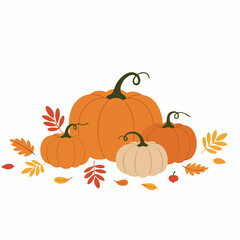 Flat Design Group of Pumpkins with Autumn Leaves Illustration