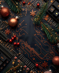 Dark pcb background decorated with festive baubles