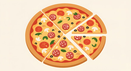 Delicious whole pizza illustration with a single slice separated, symbolizing sharing, portion control, or individual servings. A graphic representation of a classic meal, great for food concepts