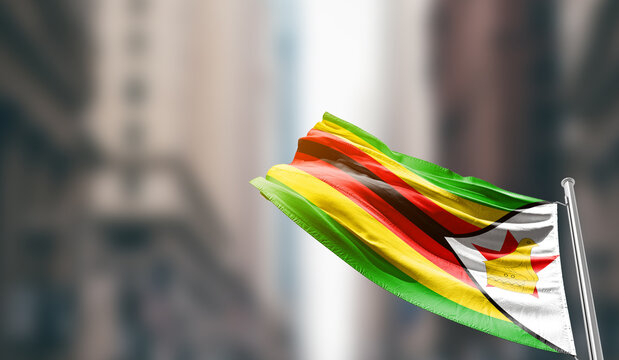 Zimbabwe national flag waving on street. A beautiful with mast with blur buildings. Zimbabwe national flag for independence day.