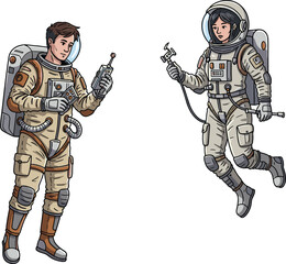 Astronauts floating in space, zero gravity mission, space suit technology, cosmic exploration, astronauts tools, science, teamwork, adventure