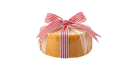 Wrapped Cheese Gift with a Festive Red and White Ribbon