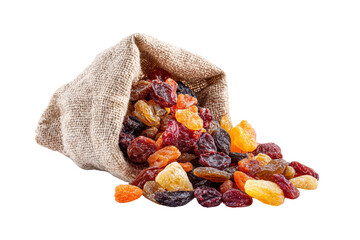 A bag of dried fruit is spilling out onto a white background. The fruit includes raisins, cranberries, and other dried fruits. Concept of abundance and variety