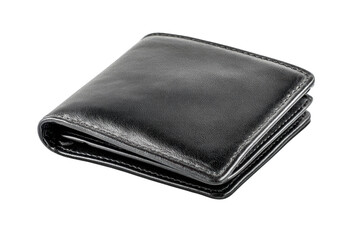 A black leather wallet is sitting on a white surface. The wallet is made of genuine leather and has a classic design. The wallet is unopened and he is in good condition