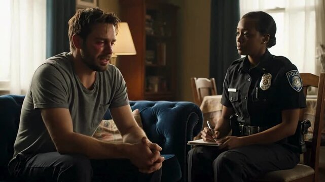 A distressed man sits on a couch with his face in his hands while a police officer writes his statement