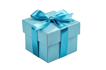 A blue box with a blue ribbon tied around it. The box is sitting on a white background