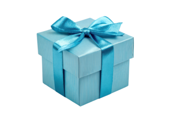 A blue box with a blue ribbon tied around it. The box is sitting on a white background