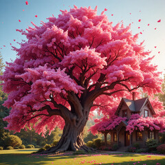 핑크 꽃 나무와 그 아래에 있는 저택 전경사진