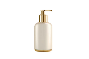 A bottle of lotion with a gold cap sits on a white background. The lotion is a clear, colorless liquid with a smooth texture. The bottle is made of glass