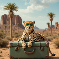 피서지에 나온 치타가 초록 선글라스를 쓰고, 유유하게 여행가방 위에 앉아있는 모습