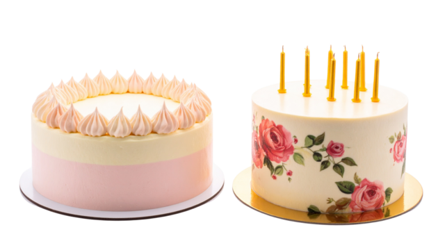 Elegant Celebration Cake Bundle Featuring Pastel Meringue and Floral Designs, isolated on transparent background