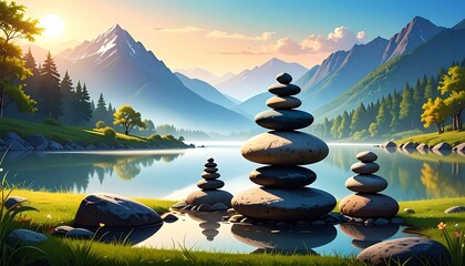 Peaceful scene of balanced stones at sunrise in the mountains, symbolizing mindfulness, inner peace, harmony, and natural beauty.