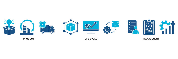 PLM icon set vector illustration concept for product lifecycle management with innovation, development, manufacture, delivery, cycle, analysis, planning, strategy, and improvement icon