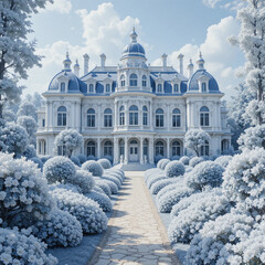 눈 덮힌 설경 속에 지어진 대저택의 정면 모습