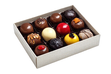 A box of assorted chocolates with a white background. The chocolates are in different shapes and colors, and the box is white