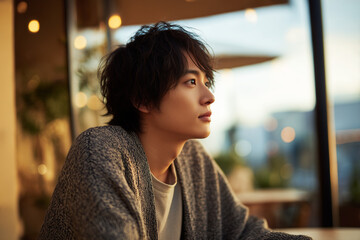 夕焼けの暖かい光を浴びながら、窓の外の景色を遠く見つめるニットカーディガン姿の若い男性のポートレート