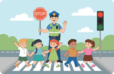 Police officer helping school children cross pedestrian crosswalk safely, holding stop sign, traffic light signal, road safety education, child protection, urban transportation vector illustration