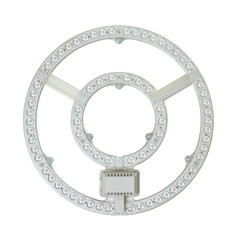 Circular LED light module with dual concentric rings and integrated power unit isolated on transparent background. Ideal for modern lighting design, and electronic product catalogs