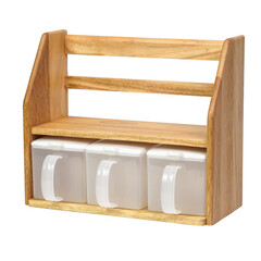 Wooden spice rack with three transparent containers featuring white lids and handles isolated on transparent background. Ideal for kitchen organization, cooking content, and minimalist home decor.