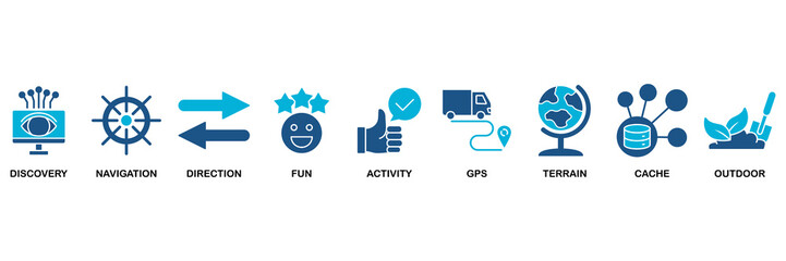 Geocaching icon set vector illustration concept for discovery, navigation, direction, fun, activity, gps, terrain, cache and outdoor © Roronoa15