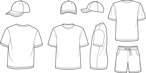 T shirt front back side view, baseball cap multiple angles, casual shorts template, blank apparel fashion design, cad drawing flat vector illustration, clothing mockup