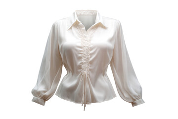 A white shirt with a ruffled collar and long sleeves. The shirt is hanging on a white background